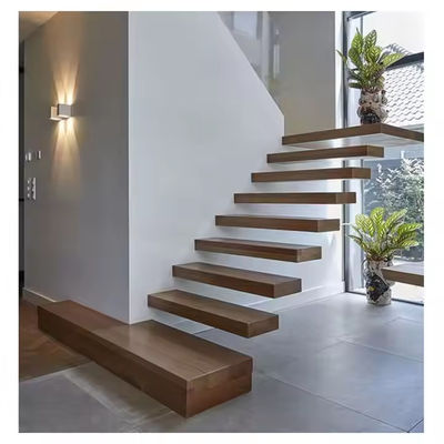 Individuell angefertigte Beechholz-Schwimmtreppe mit Glasgeländer und LED-Leuchten Satin-Finish